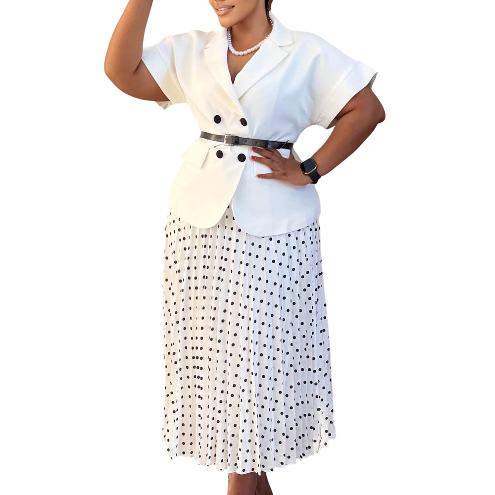 D620 european and american export new arrival elegant blazer collar short sleeve top polka dot pleated midi skirt african cross-border outfit set