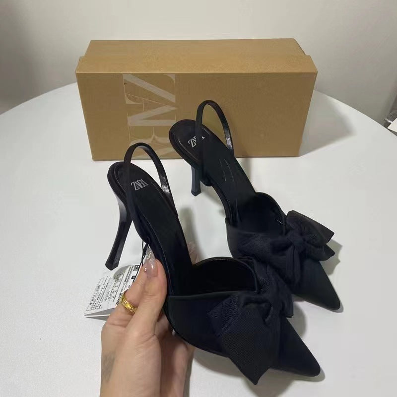 Za autumn new 2023 french high heel pointed toe bowknot decorated low-cut slingback niche design stiletto sandals for women