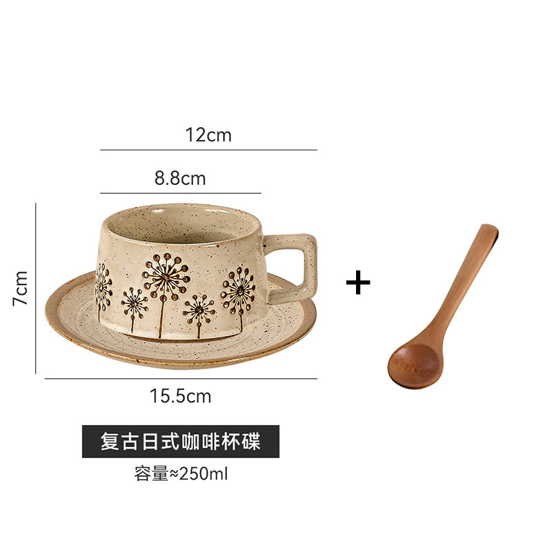 Vintage stoneware underglaze coffee cup and saucer set - ceramic drinking cup - office milk tea cup - high-style terracotta tea cup