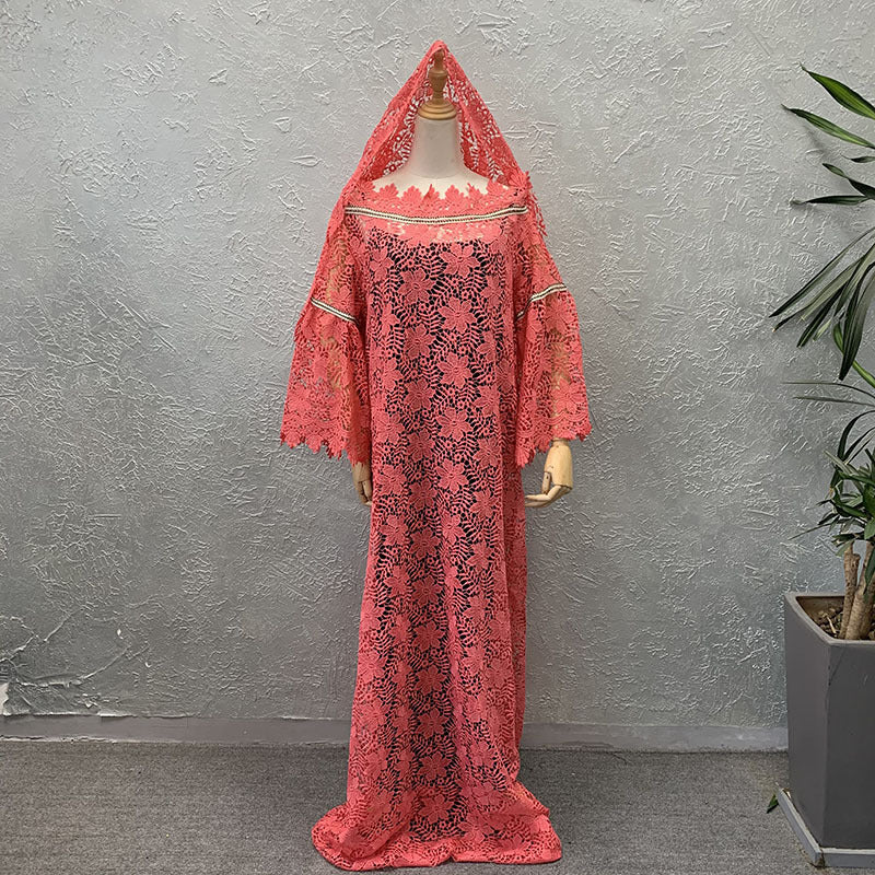 Special offer: african women's lace loose plus size robe dress with flared sleeves, fashionable long dress with matching headscarf