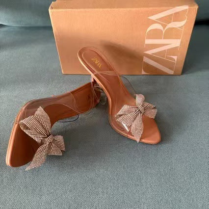 2024 new export square toe stiletto heel sandals with bow and rhinestone detail, plus size, open back, wholesale for women (wish)