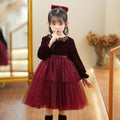 Girls' red tulle dress - long sleeve, puffy princess style, fleece-lined, thickened, spring/autumn dress for little girls