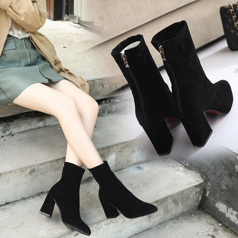 Women's boots: new korean style 2025 autumn/winter mid-calf pointed-toe chunky heel ankle boots, women's high heel elastic boots