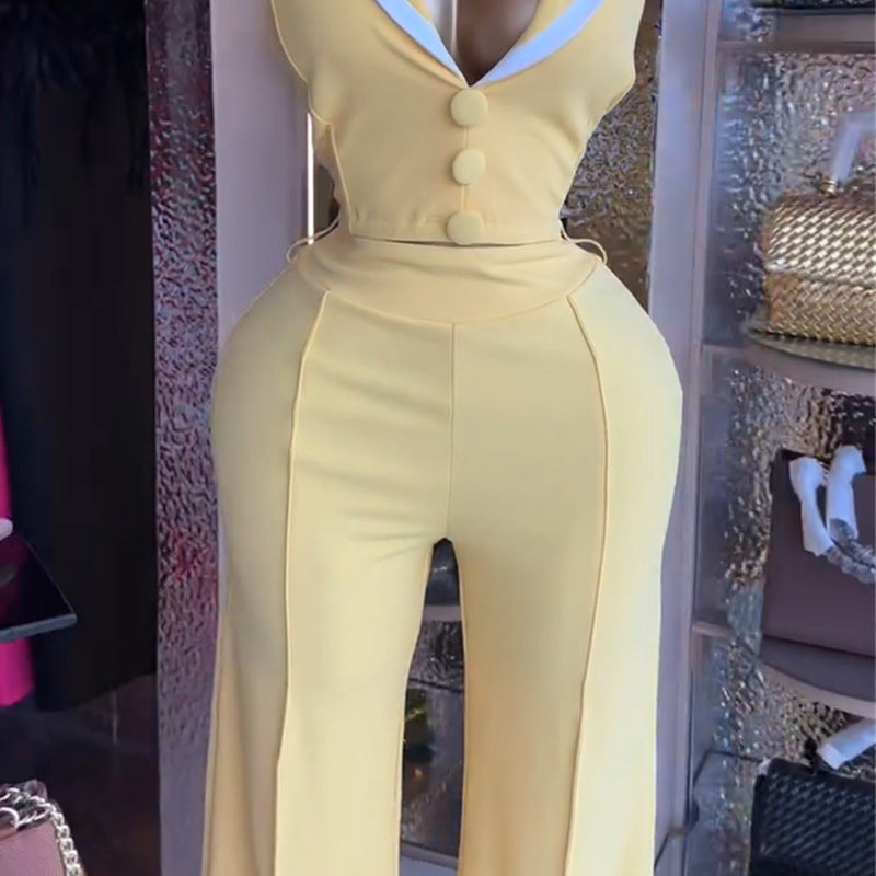 European and american women's clothing  autumn new collection: sweet and fresh sleeveless vest with suit collar and high-waisted straight-leg pants two-piece set
