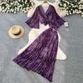 French romantic leopard print two-piece set for women - autumn v-neck, slim fit, high-end purple elegant outfit