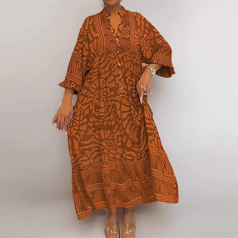 cross-border e-commerce women's fashion: european and american summer new arrivals - stylish v-neck printed loose plus size maxi dress