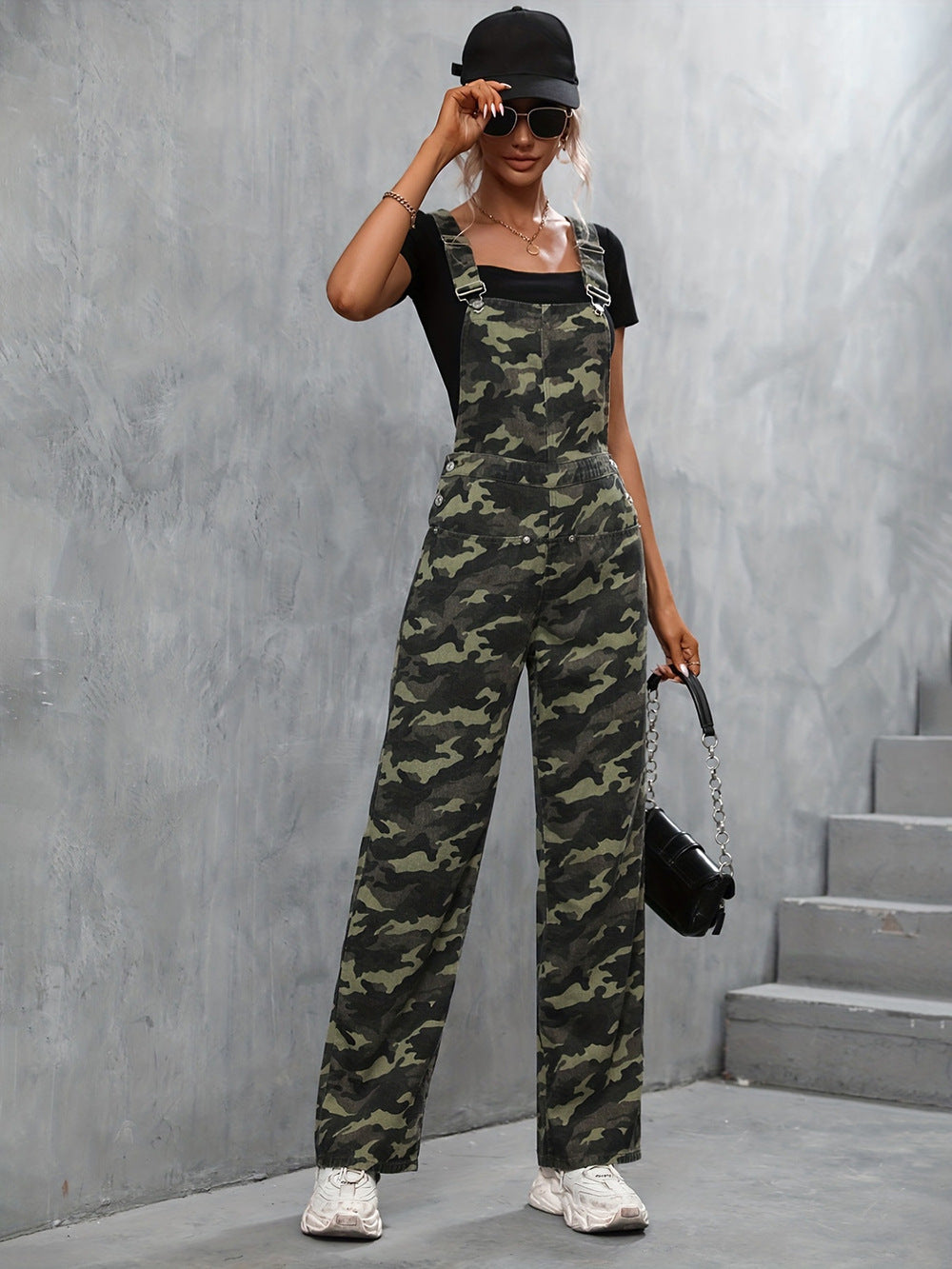 European and american style overalls  cross-border women's clothing street fashion camouflage large flap pocket pantsstraight-leg denim overalls