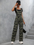 European and american style overalls  cross-border women's clothing street fashion camouflage large flap pocket pantsstraight-leg denim overalls