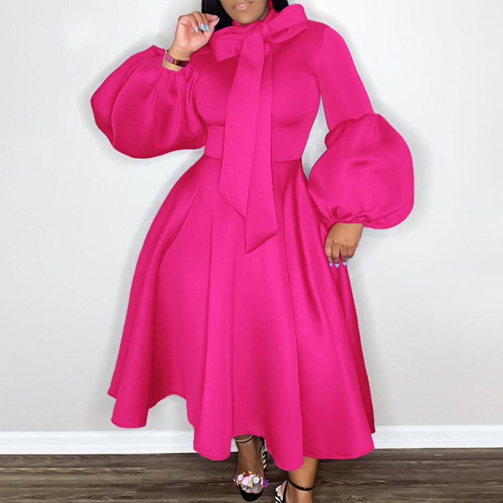 Plus size women's winter puff sleeve tie-waist bow detail maxi dress - european & american style evening gown for export independent stores