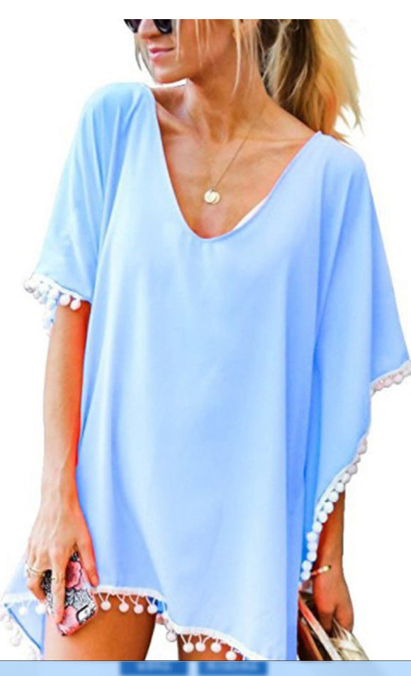 fashionnew arrivalprinting tassel small white ball chiffon beach skirt blouse ready-made trendy brand