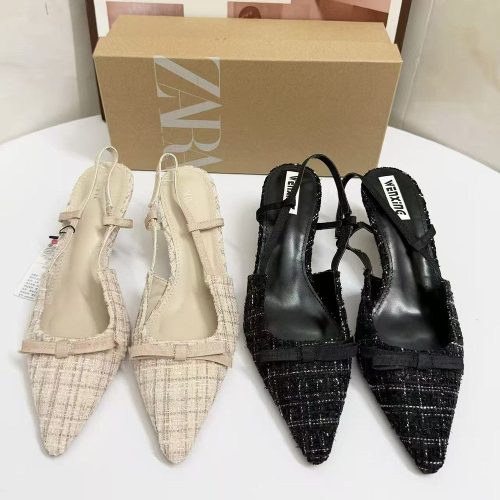 Za2026springnew arrival women's shoes french tweed style high heels women's toe sandals pointed toe socialite elegantflats