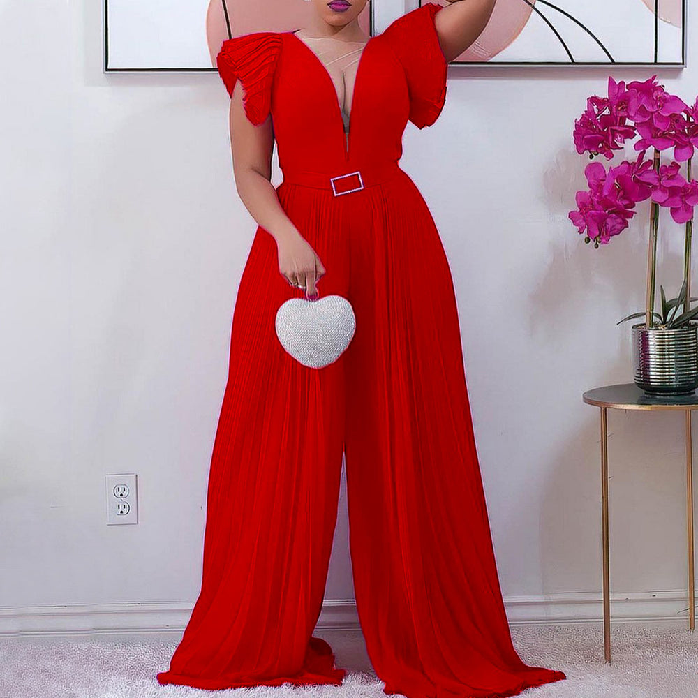 Independent station summer deep v neck see-through mesh stitching pleated waist pure color wide-leg african european and american jumpsuit