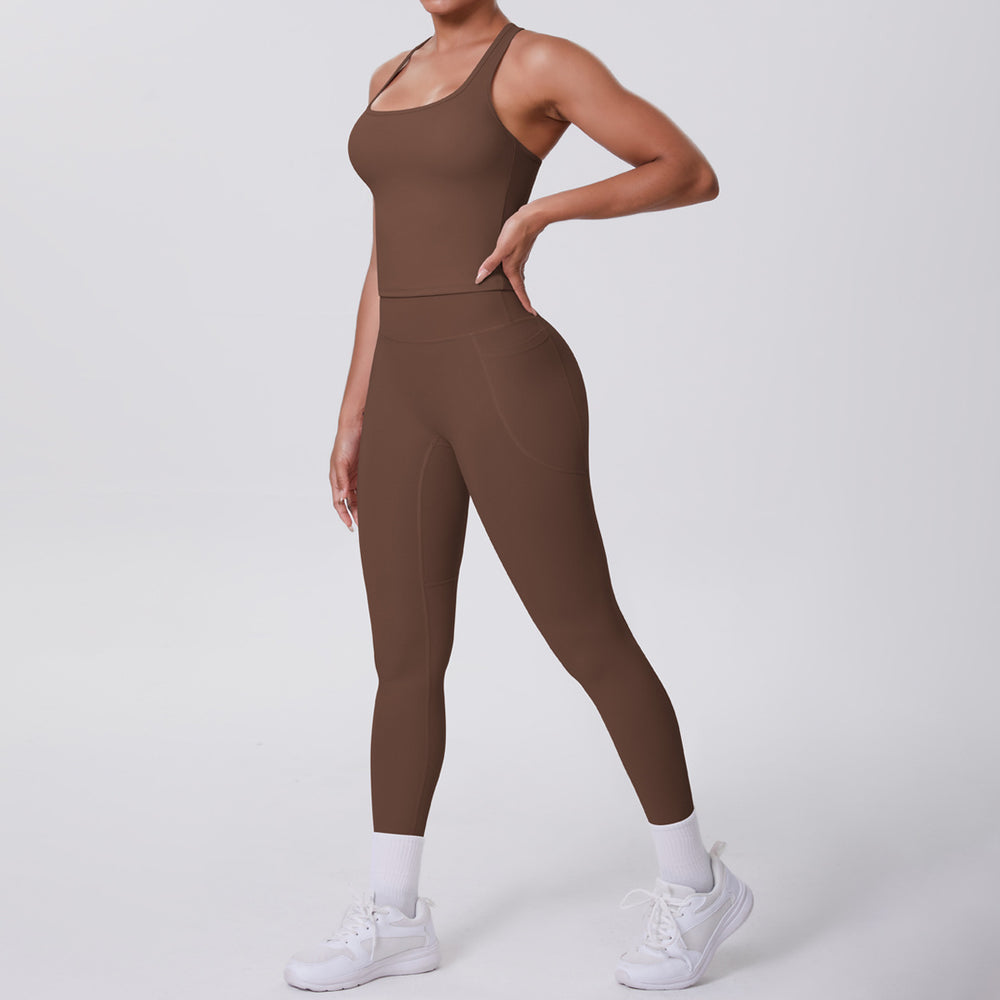 fashion brushed pure color tight racerbackflap pocket pants sports suit running fitness yoga clothes two-piece set