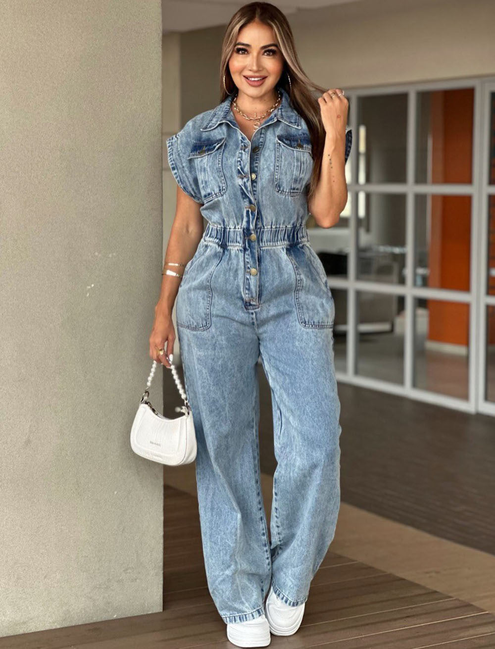 European and american style women's denim jumpsuit -  cross-border fashion - casual loose fit short sleeve washed wide leg romper
