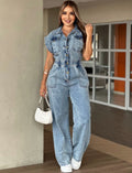 European and american style women's denim jumpsuit -  cross-border fashion - casual loose fit short sleeve washed wide leg romper