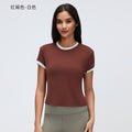 Color block shoulder cropped activewear tee - women's summer solid color crew neck sports yoga top d26053