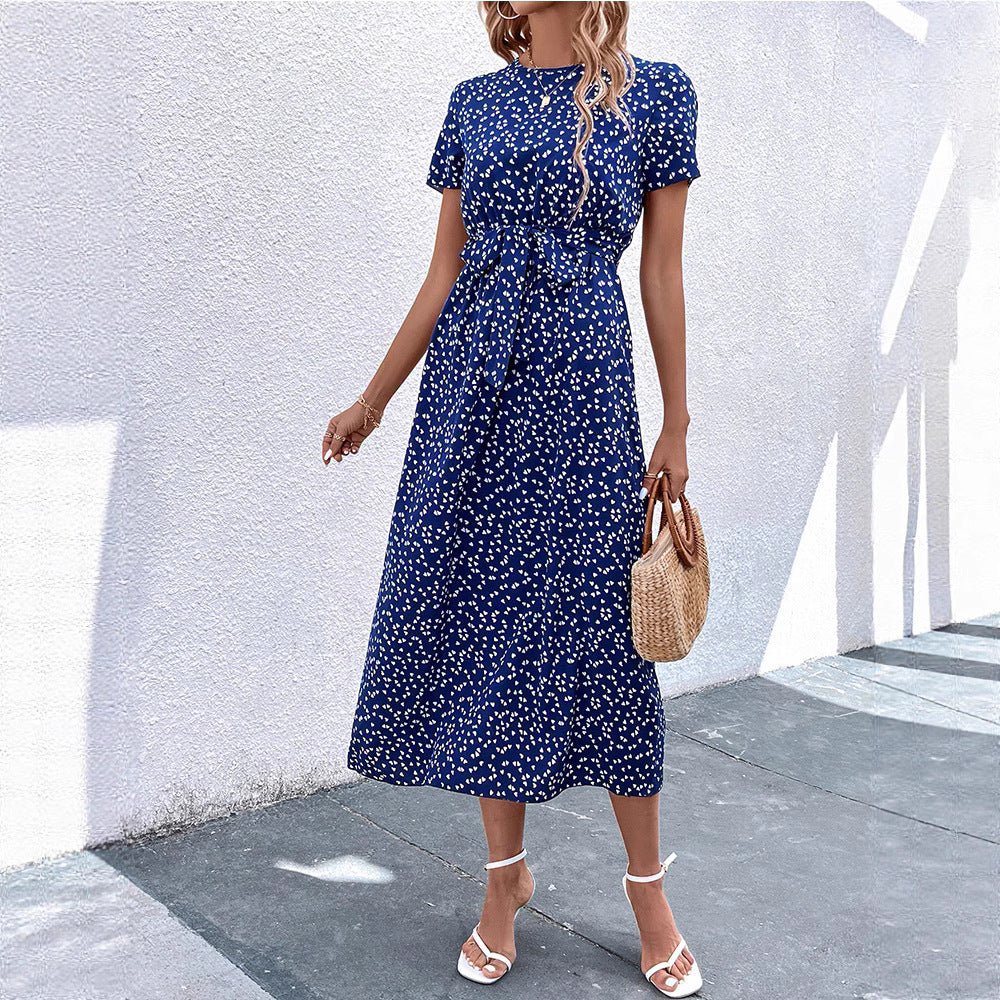 european and american women's clothing    independent autumn short-sleeve floral print v-neck midi dress