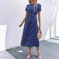 european and american women's clothing    independent autumn short-sleeve floral print v-neck midi dress