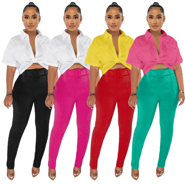 K10447 European and American fashion women's clothing 2023 's new shirt and pants set includes a belt contrasting two-piece set