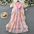 Frenchniche styleprinting stand collar long sleeves waist a-line dress female summerk-styleclassyelegant long skirt