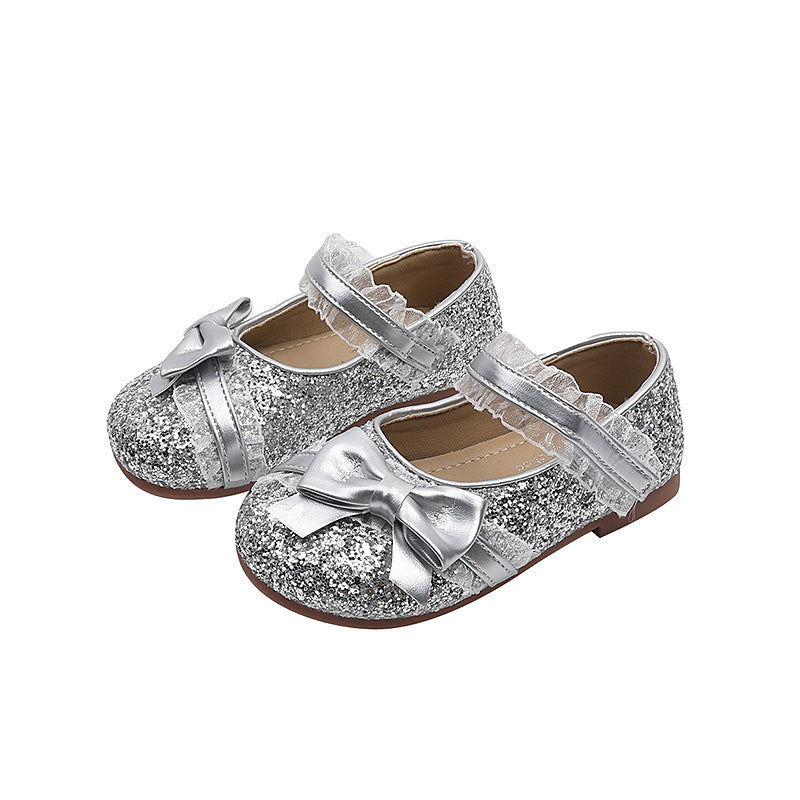 Vancahao girls' fashion sequin bow princess shoes, new korean style children's single shoes and dance shoes for spring/autumn
