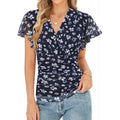Amazon fashion ruffles sleeve formal casualshirt women's  summer new printing v necktops