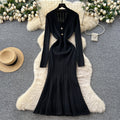 Celebrity niche styleclassy sense v neck two capsules button long sleeves waist knittingdress female autum inner wear sweater long skirt