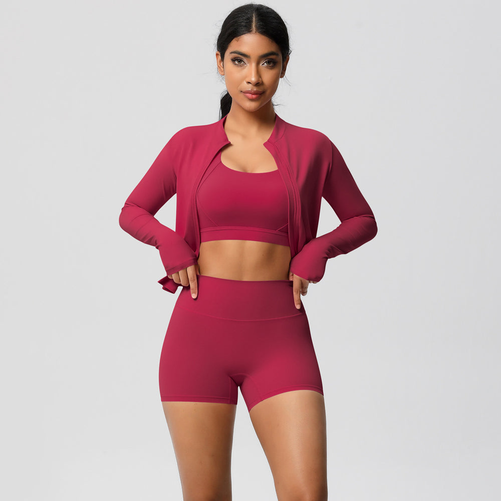 European and american solid color brushed fleece compression quick-dry yoga set - short length cloud-like outdoor running fitness activewear three-piece set