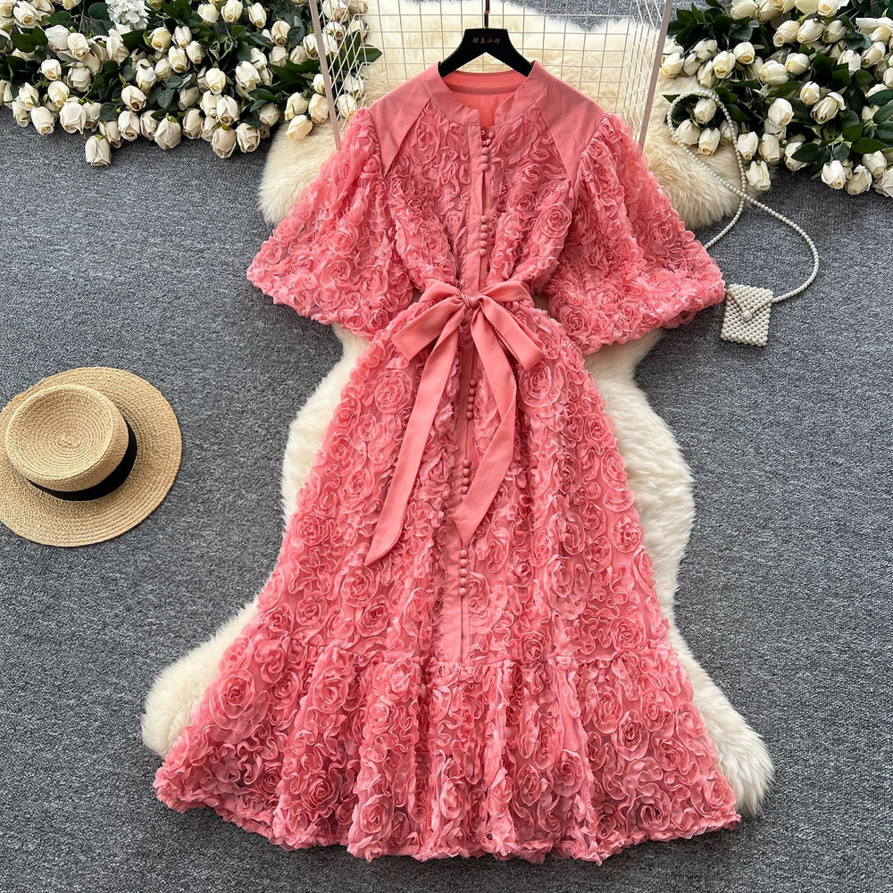 Palace style classy stereo flower lantern sleeve dress female french strap waist single breasted elegance long skirt