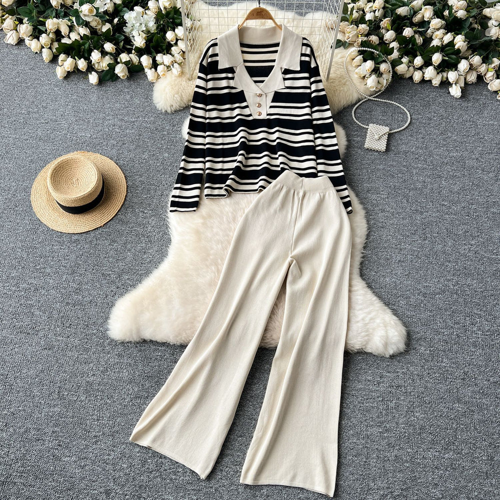 Fall and winternew arrival lazy style k-stylecontrast color suit collar stripesknitting shirttopstwo-piece sethigh waistloose pants