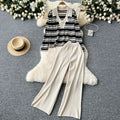 Fall and winternew arrival lazy style k-stylecontrast color suit collar stripesknitting shirttopstwo-piece sethigh waistloose pants