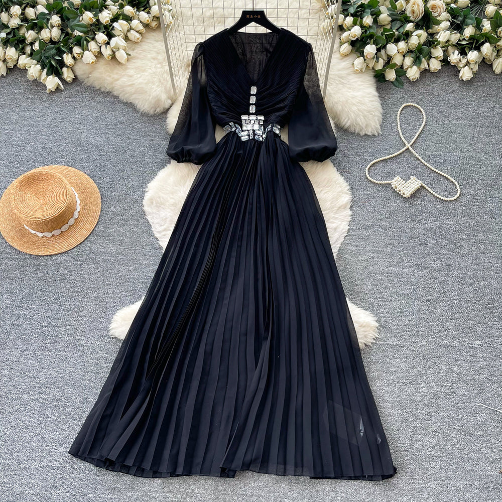 French chic red v-neck lantern sleeve dress - women's summer lightweight, breathable, slimming, elegant pleated maxi dress