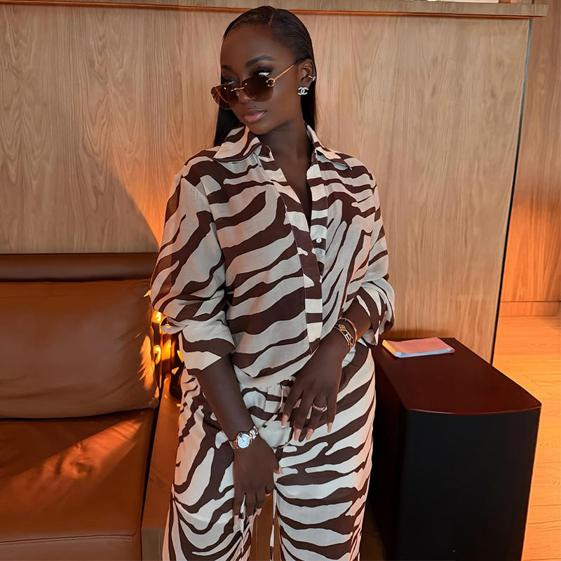 European and american women's clothing  autumn new collection: sweet and fresh printed turn-down collar long-sleeve shirt and high-waisted straight-leg pants two-piece set