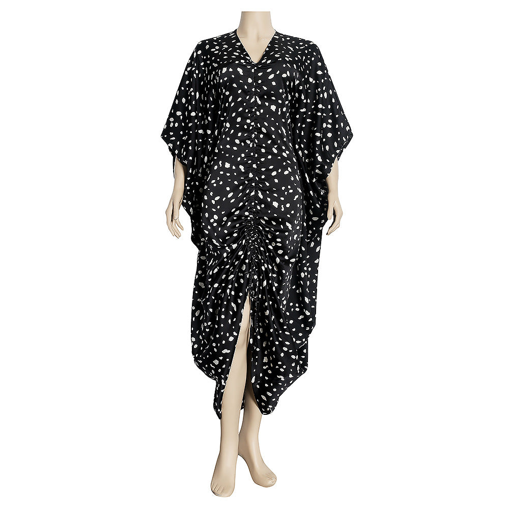 Autumn irregular waist leopard print v-neck loose drawstring dress african plus size women's clothing factory wholesale