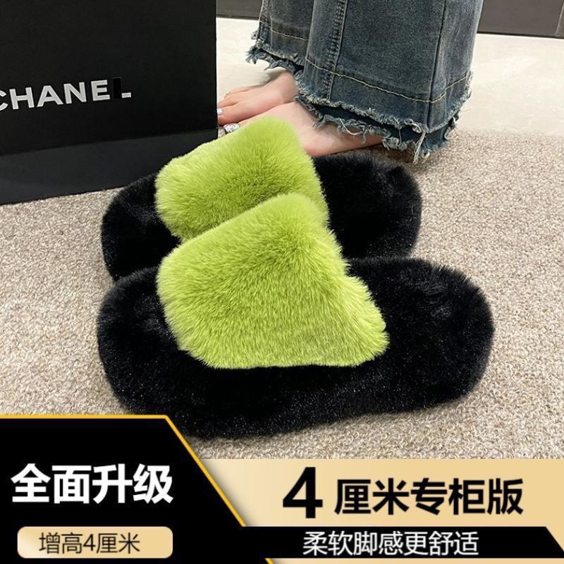 Thick sole cross strap furry slippers for women fall and winteroutwear2024new arrivalplatform shoesthick soleincrease soft bottomfor home cotton slippers