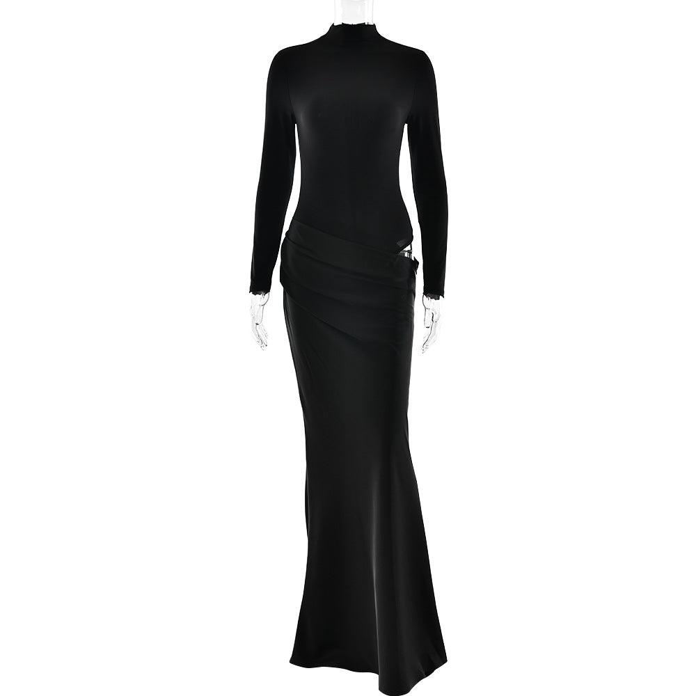 Europe and the United States  2025 summer new semi-turtleneck long-sleeved dress sexy spice slim fake two solid color long dress