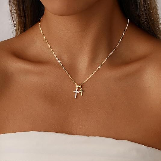 Amazon cross-border hot-selling copper plated 14k gold double cross necklace for women, european and american fashion trend, minimalist clavicle chain