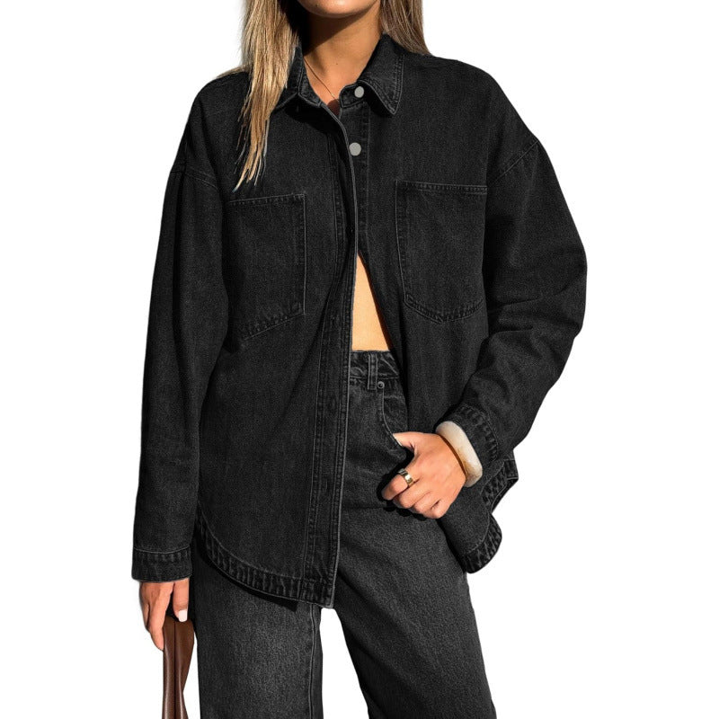Amazon fashion elegant long sleeve button denim shirt women's  spring new style distressed denim jacket