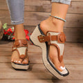 Export cross-border wedge thick bottom straw sandals large size wedge heel florals flip-flops bohemia style women's sandals