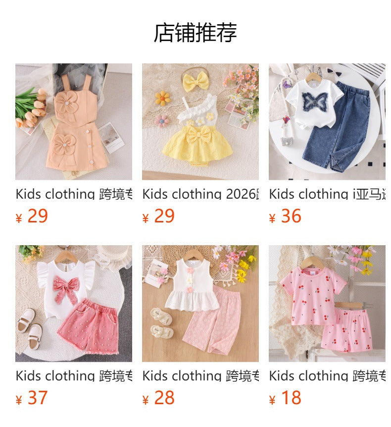 Kids clothing cross-border exclusive for european and american girls new arrival kids white short-sleeved t-shirt + blue skirt