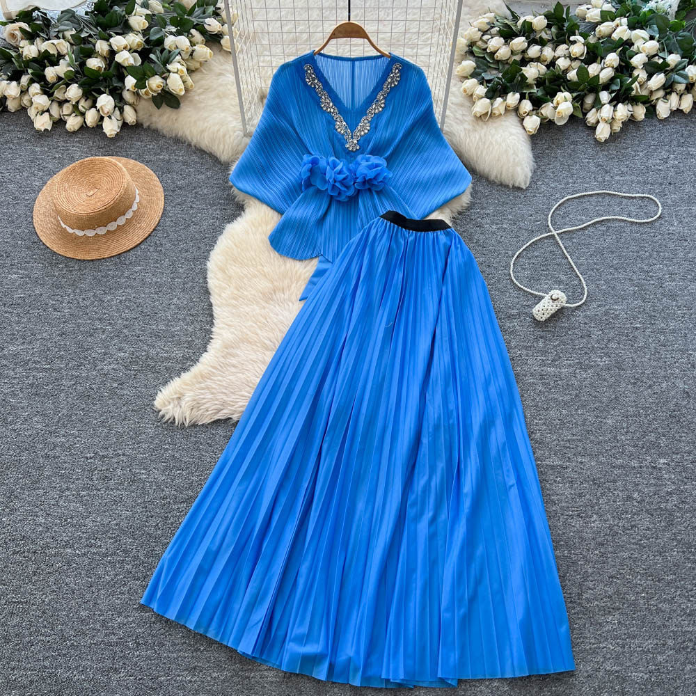 Noble socialite work clothing style red two-piece set female autum silmpleated skirt cloak waist suitelegance