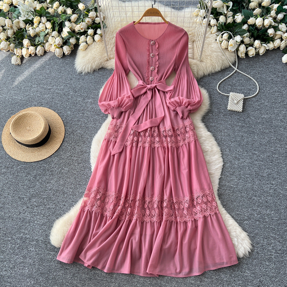 Exportlacepatchworkcut out pleated dress women's long sleeveshigh waista-line skirt large swing high elasticity long skirt