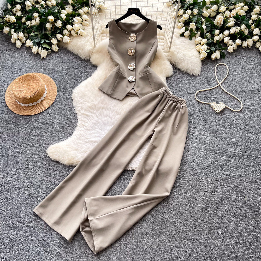 K-stylework clothing style stereo flower decoration vest high waistloose pantstwo-piece set female summervestslimming looksuit