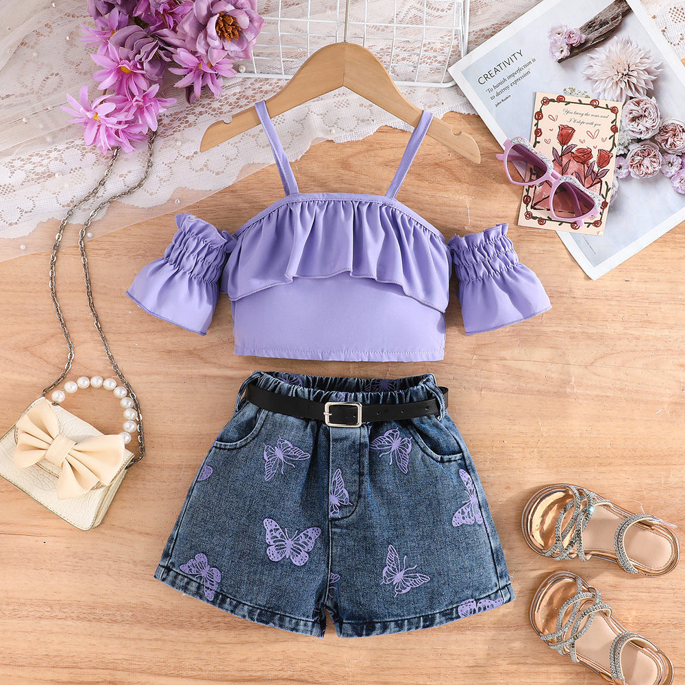 new product summergirl denim vest tops+suspender intimates+green 100% off skirt+belt four-piece set
