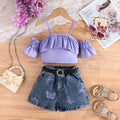 new product summergirl denim vest tops+suspender intimates+green 100% off skirt+belt four-piece set