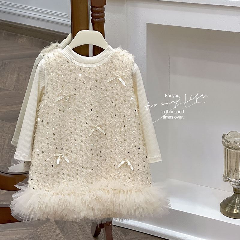 Girls' dress  autumn new collection: chanel-inspired bowknot sequin vest dress set - perfect birthday outfit for baby girls