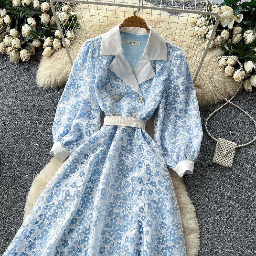Frenchelegancev neck floral dress women's k-stylelong sleeves lapel waist a-line long skirt work clothingclassy