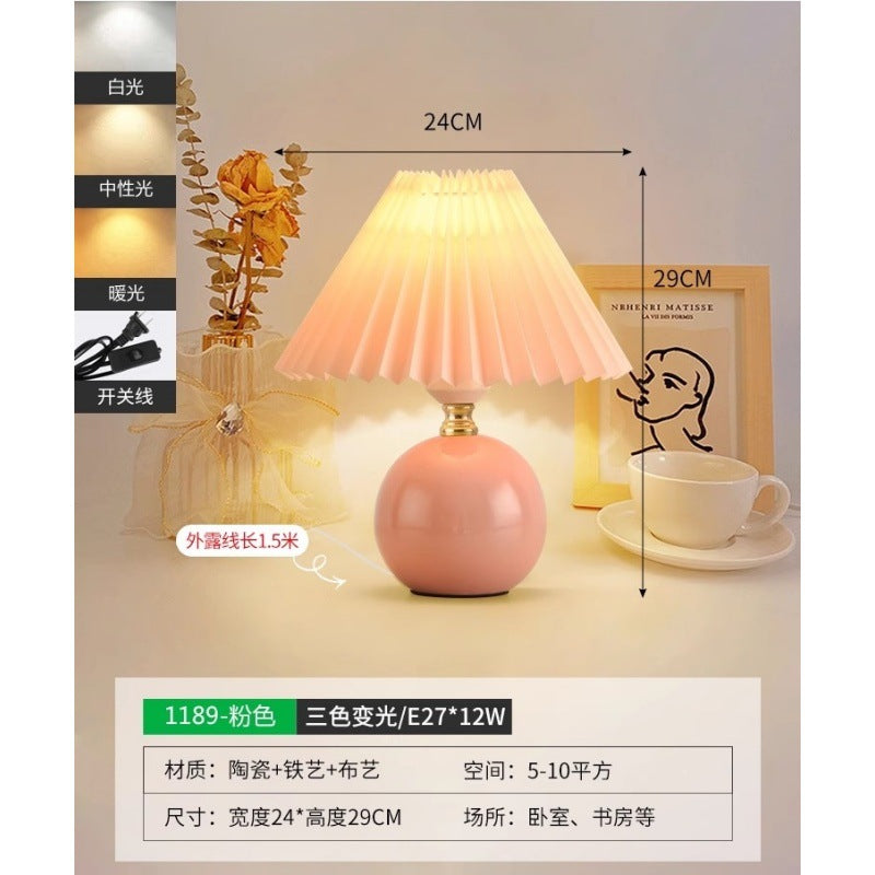 Table lamp bedside lamp pleated girl bedroom night lamp Nordic Internet celebrity ins decorative ceramic atmosphere lamp 1