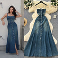 Frenchretroclassy square collar halter suspender single breasted denim dress female pure lust hot girl backless long skirt