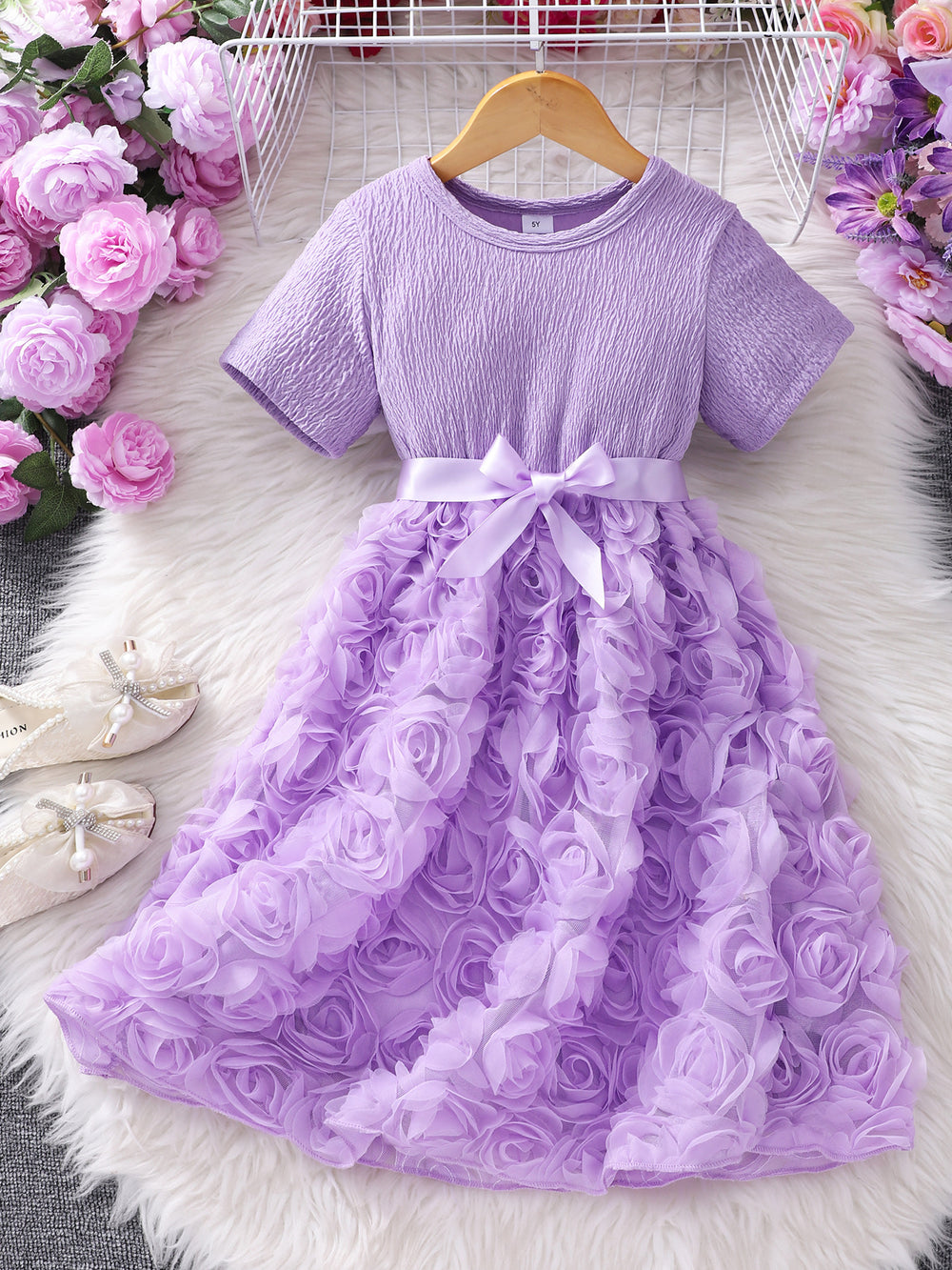 Girls' dress for toddlers and young children, 3d rose and bow dress